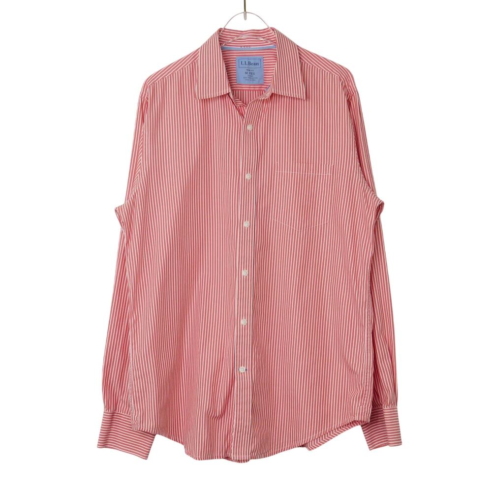 L.L. Bean Men's Trim Fit Salmon Pink Striped Button Down Collared Shirt Medium